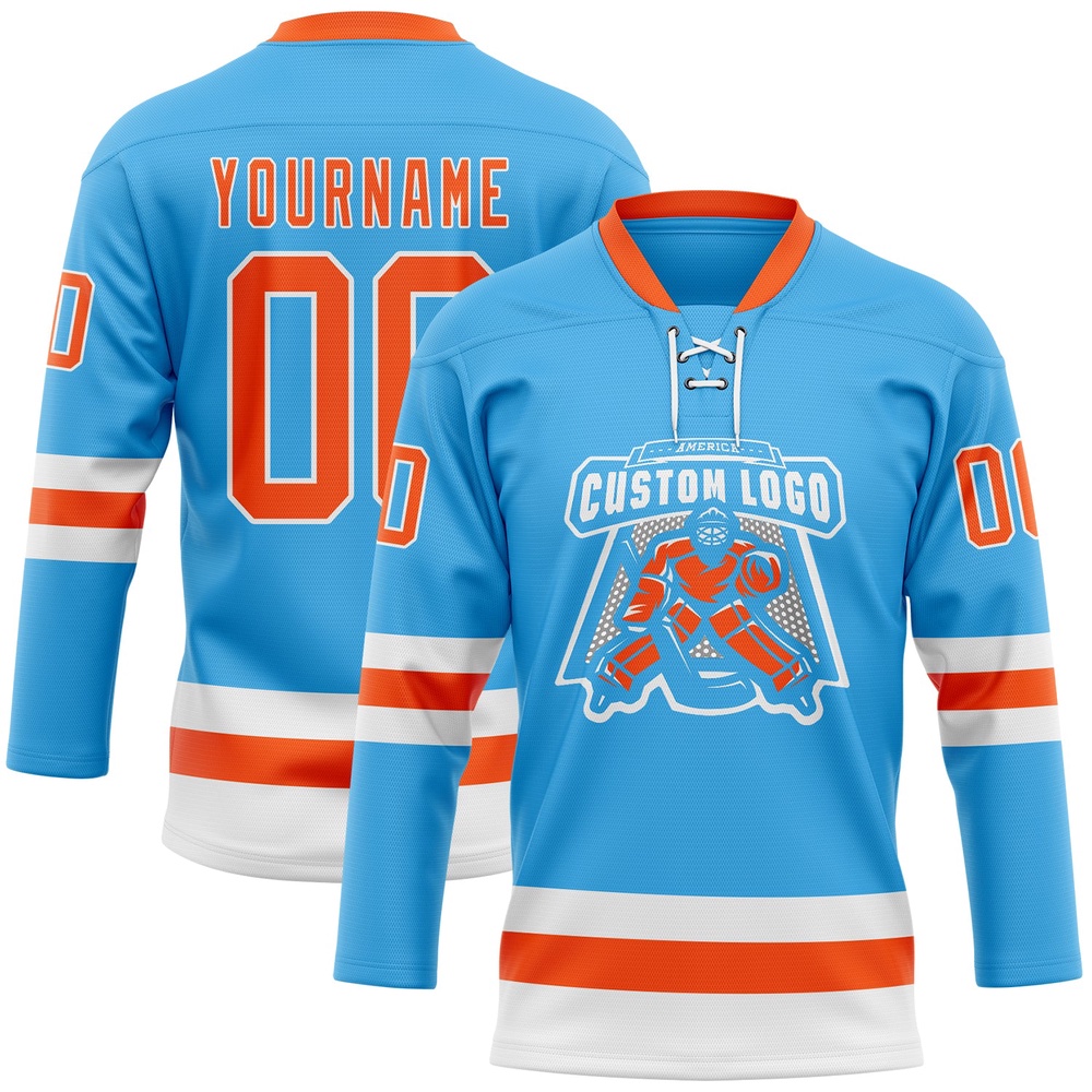 Custom Sky Blue Orange White Hockey Lace Neck Jersey, New Hockey Jersey, Personali Sport Team Jersey Shirt Custom Sky Blue Orange White Hockey Lace Neck Jersey, New Hockey Jersey, Personali Sport Team Jersey Shirt