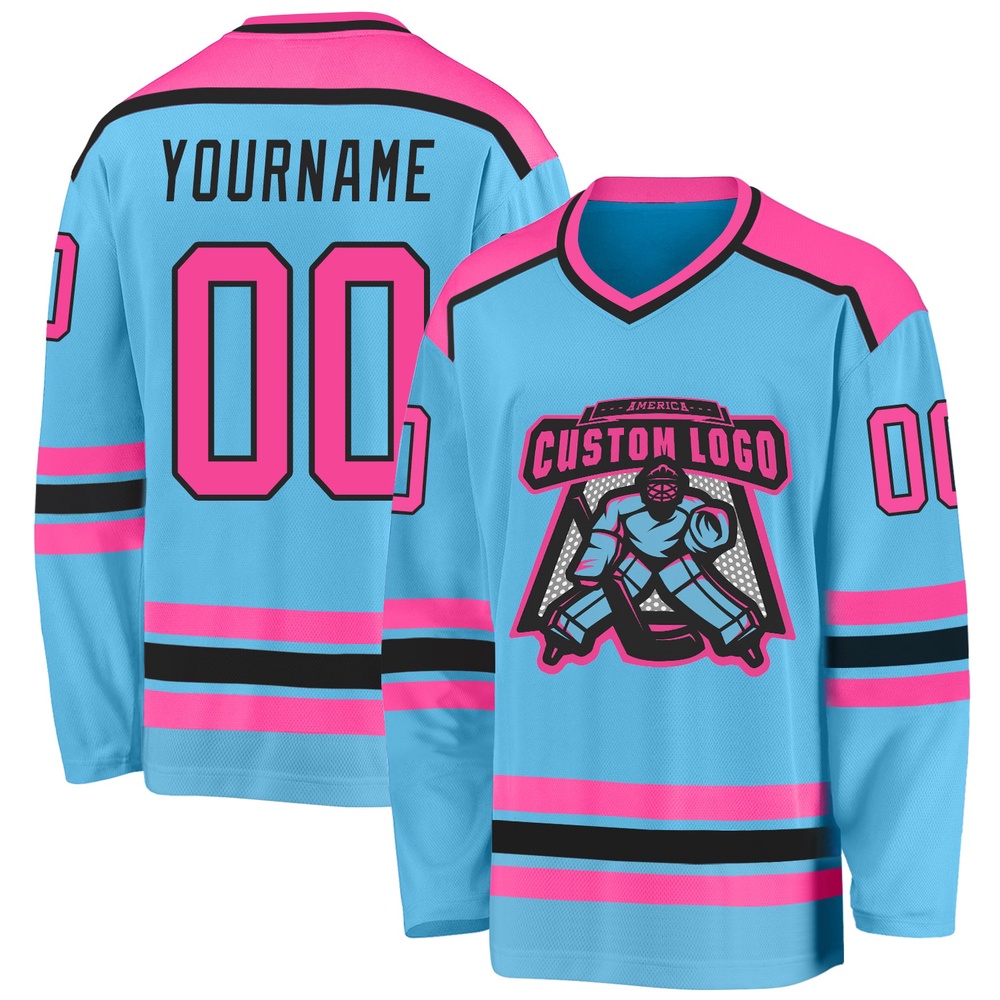 Custom Sky Blue Pink Black Hockey Jersey, New Hockey Jersey, Personali Sport Team Jersey Shirt Custom Sky Blue Pink Black Hockey Jersey, New Hockey Jersey, Personali Sport Team Jersey Shirt