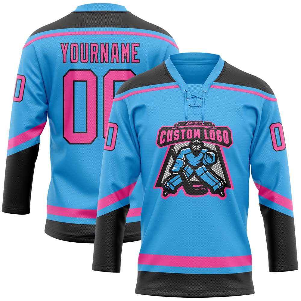 Custom Sky Blue Pink Black Hockey Lace Neck Jersey, New Hockey Jersey, Personali Sport Team Jersey Shirt Custom Sky Blue Pink Black Hockey Lace Neck Jersey, New Hockey Jersey, Personali Sport Team Jersey Shirt