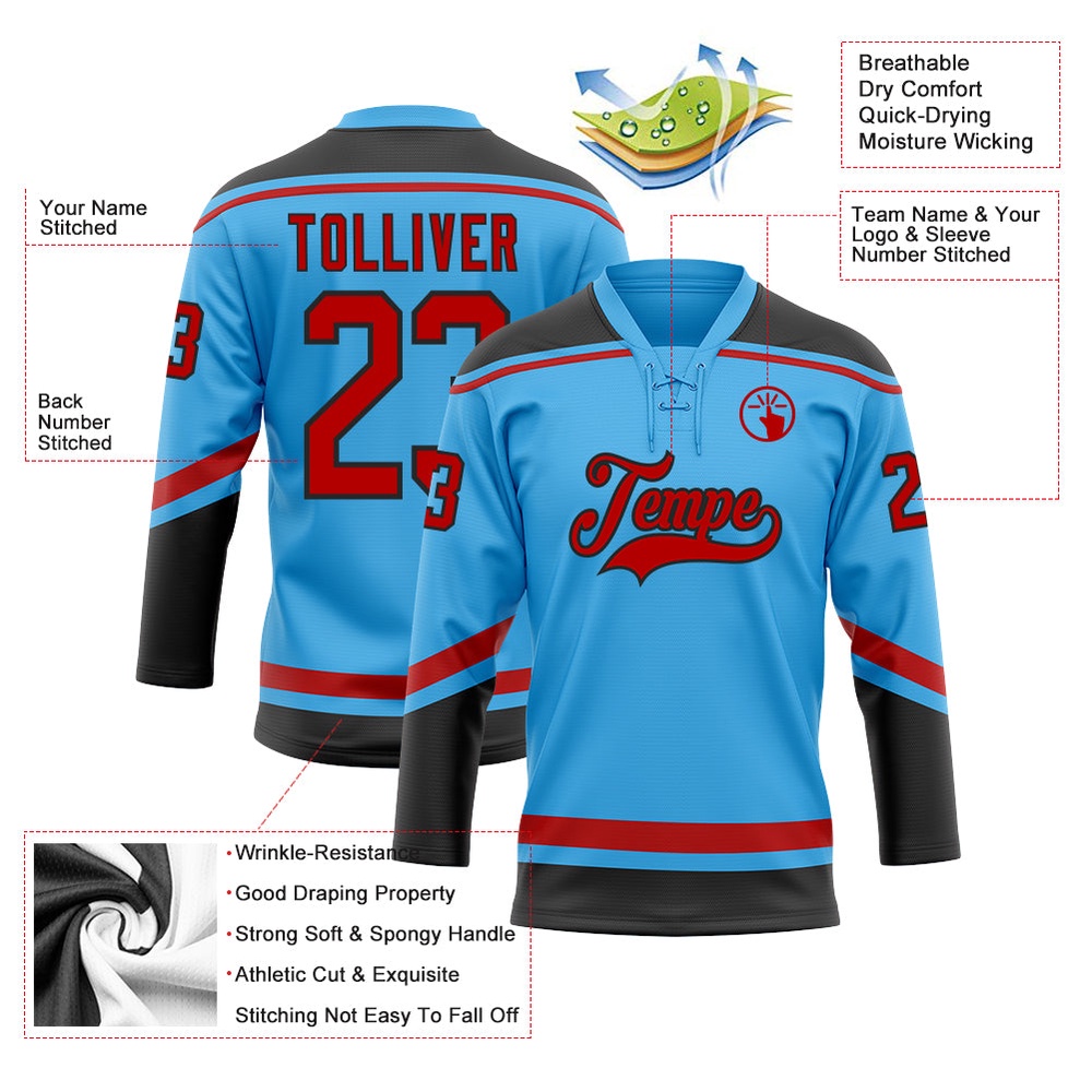 Custom Sky Blue Red Black Hockey Lace Neck Jersey, New Hockey Jersey, Personali Sport Team Jersey Shirt Custom Sky Blue Red Black Hockey Lace Neck Jersey, New Hockey Jersey, Personali Sport Team Jersey Shirt
