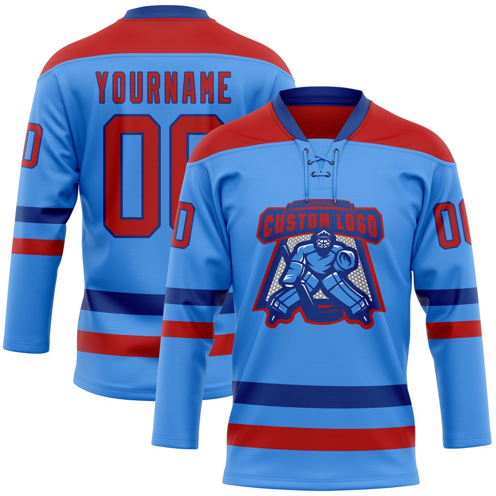Custom Sky Blue Red Royal Hockey Lace Neck Jersey, New Hockey Jersey, Personali Sport Team Jersey Shirt Custom Sky Blue Red Royal Hockey Lace Neck Jersey, New Hockey Jersey, Personali Sport Team Jersey Shirt