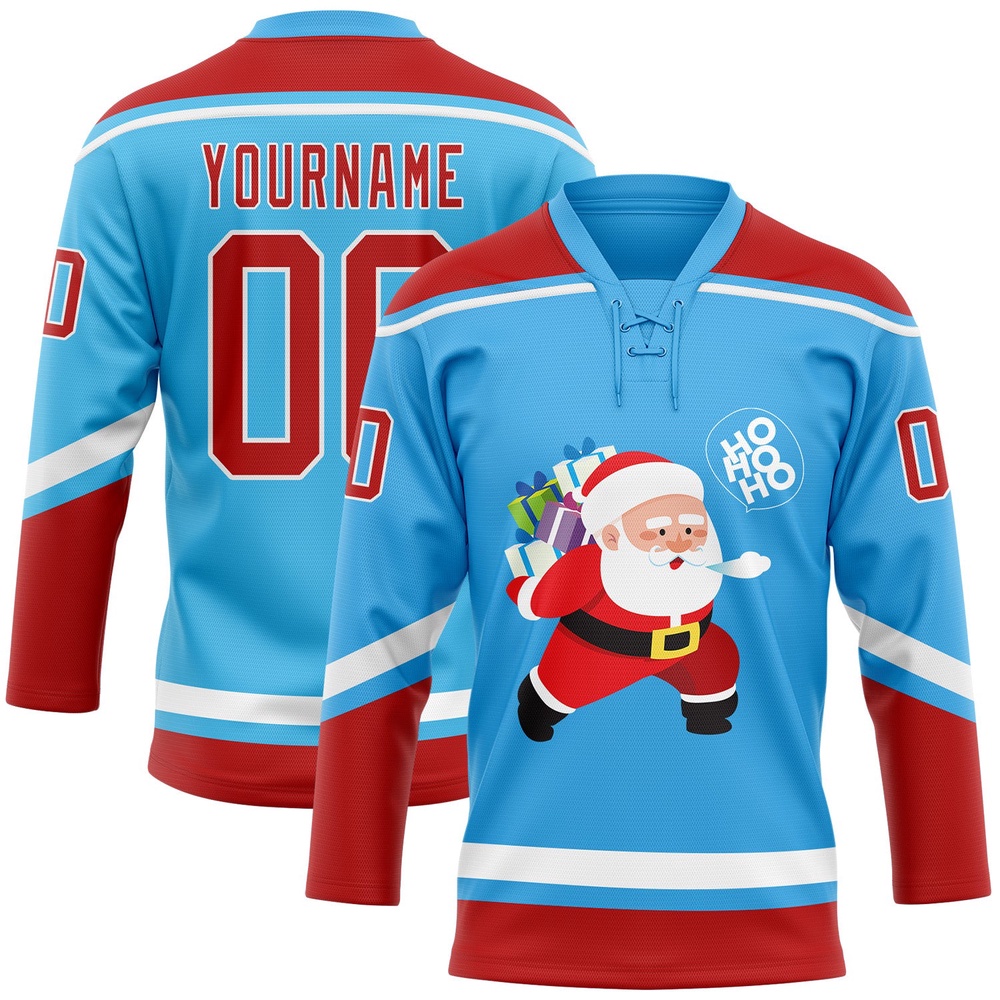 Custom Sky Blue Red White Funny Christmas 3D Hockey Lace Neck Jersey, New Hockey Jersey, Personali Sport Team Jersey Shirt