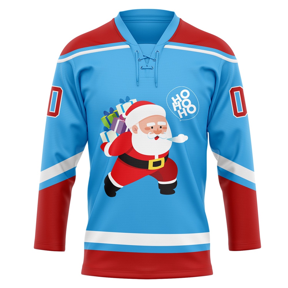 Custom Sky Blue Red White Funny Christmas 3D Hockey Lace Neck Jersey, New Hockey Jersey, Personali Sport Team Jersey Shirt