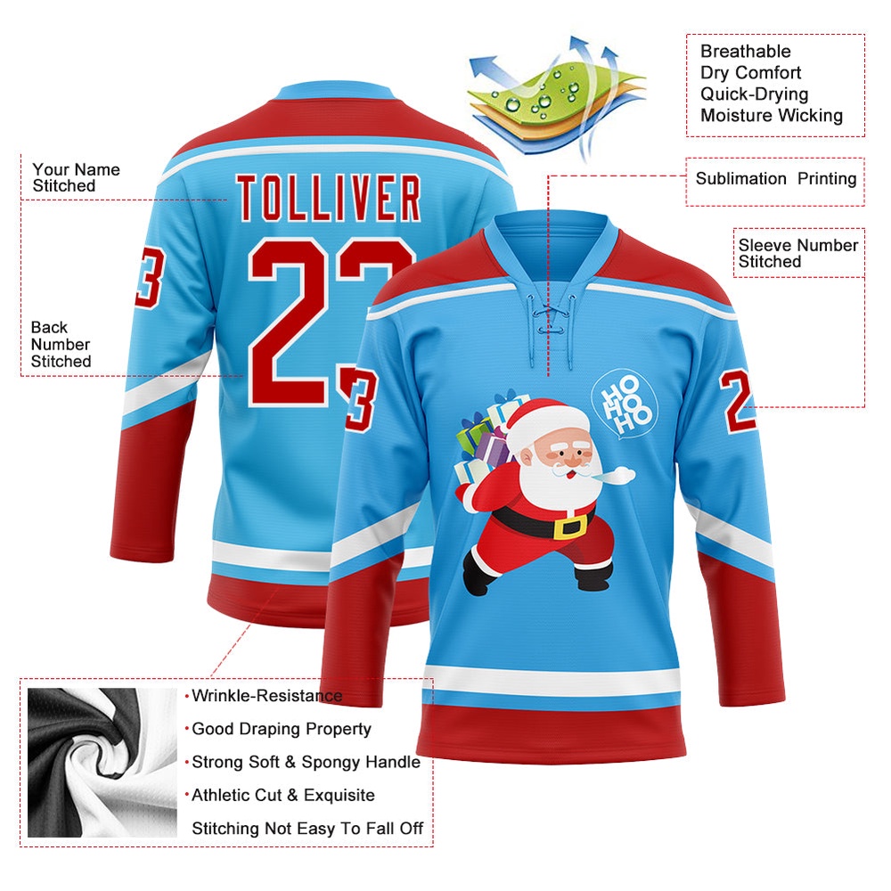 Custom Sky Blue Red White Funny Christmas 3D Hockey Lace Neck Jersey, New Hockey Jersey, Personali Sport Team Jersey Shirt