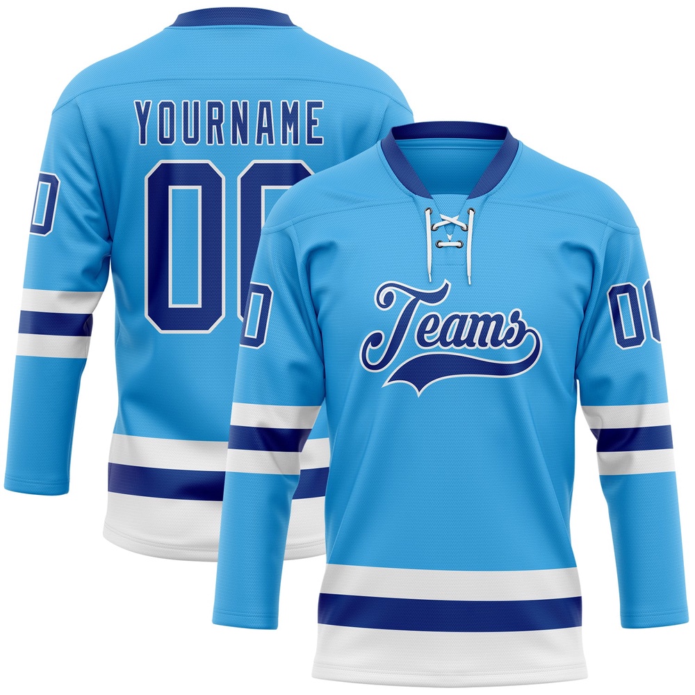 Custom Sky Blue Royal White Hockey Lace Neck Jersey, New Hockey Jersey, Personali Sport Team Jersey Shirt