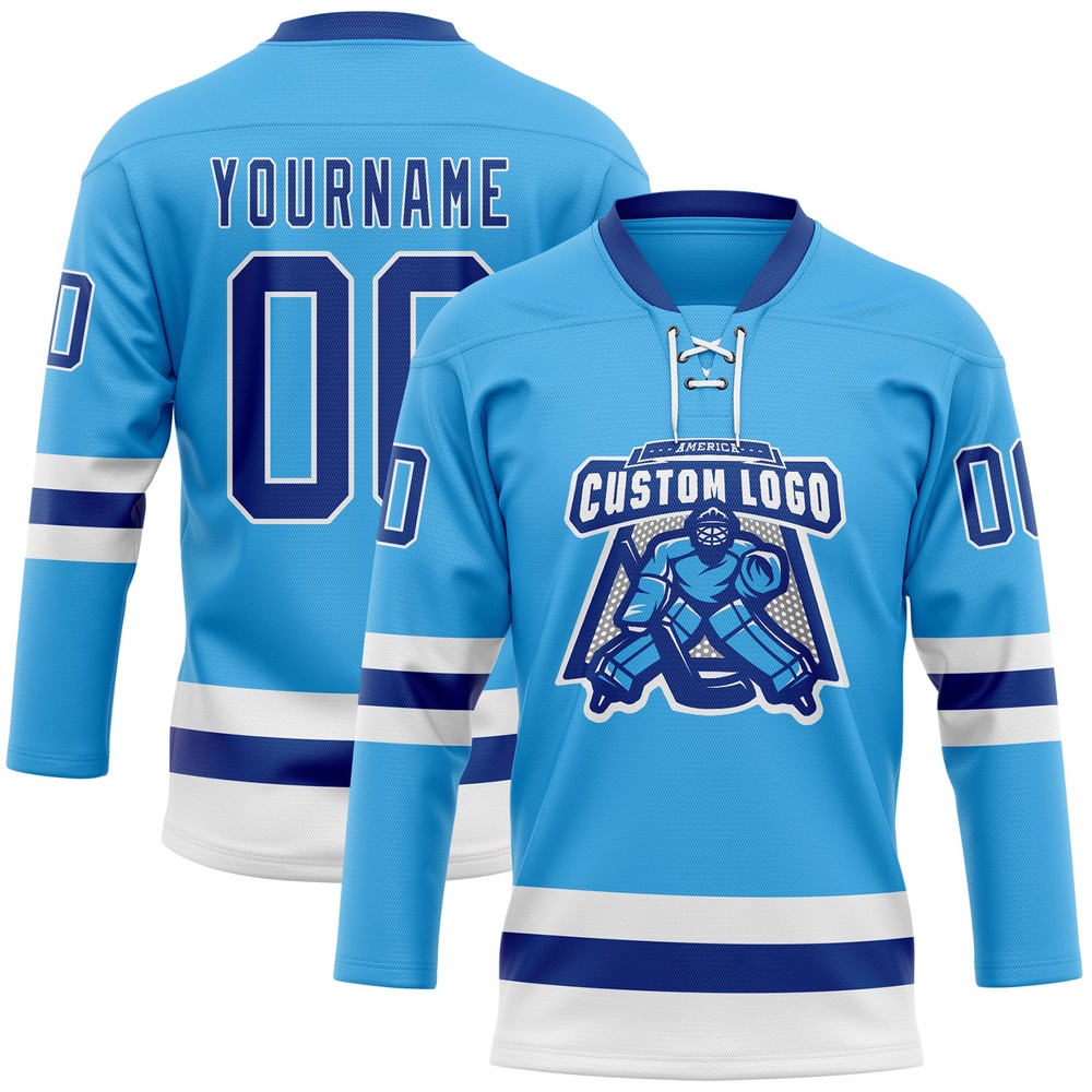 Custom Sky Blue Royal White Hockey Lace Neck Jersey, New Hockey Jersey, Personali Sport Team Jersey Shirt