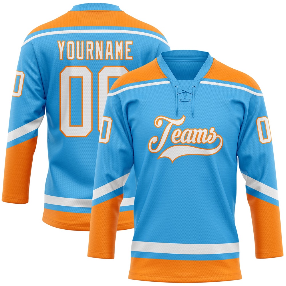 Custom Sky Blue White Bay Orange Hockey Lace Neck Jersey, New Hockey Jersey, Personali Sport Team Jersey Shirt Custom Sky Blue White Bay Orange Hockey Lace Neck Jersey, New Hockey Jersey, Personali Sport Team Jersey Shirt
