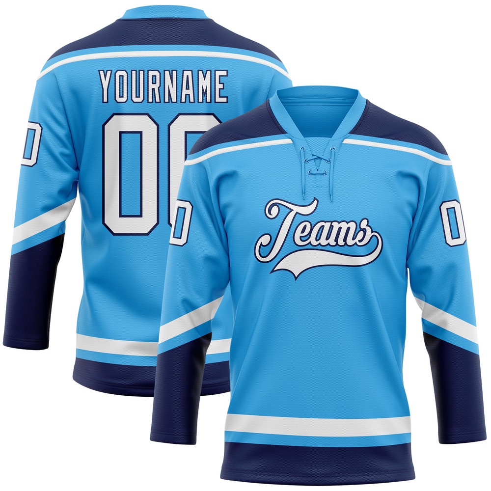 Custom Sky Blue White Navy Hockey Lace Neck Jersey, New Hockey Jersey, Personali Sport Team Jersey Shirt