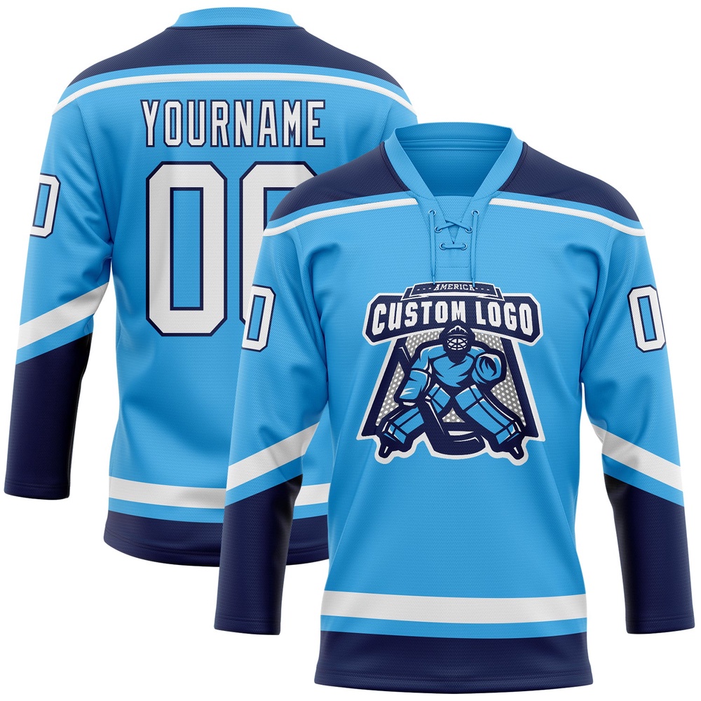 Custom Sky Blue White Navy Hockey Lace Neck Jersey, New Hockey Jersey, Personali Sport Team Jersey Shirt