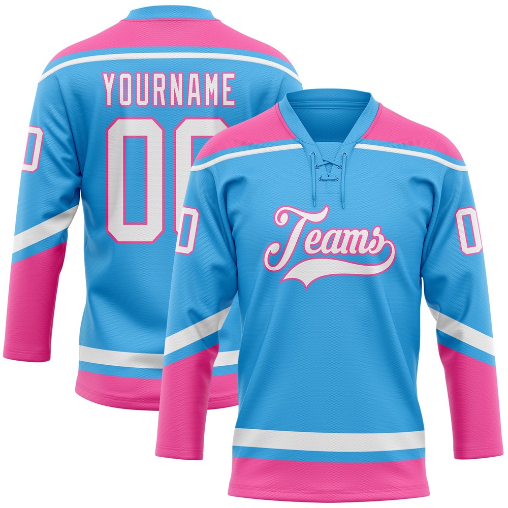 Custom Sky Blue White Pink Hockey Lace Neck Jersey, New Hockey Jersey, Personali Sport Team Jersey Shirt Custom Sky Blue White Pink Hockey Lace Neck Jersey, New Hockey Jersey, Personali Sport Team Jersey Shirt