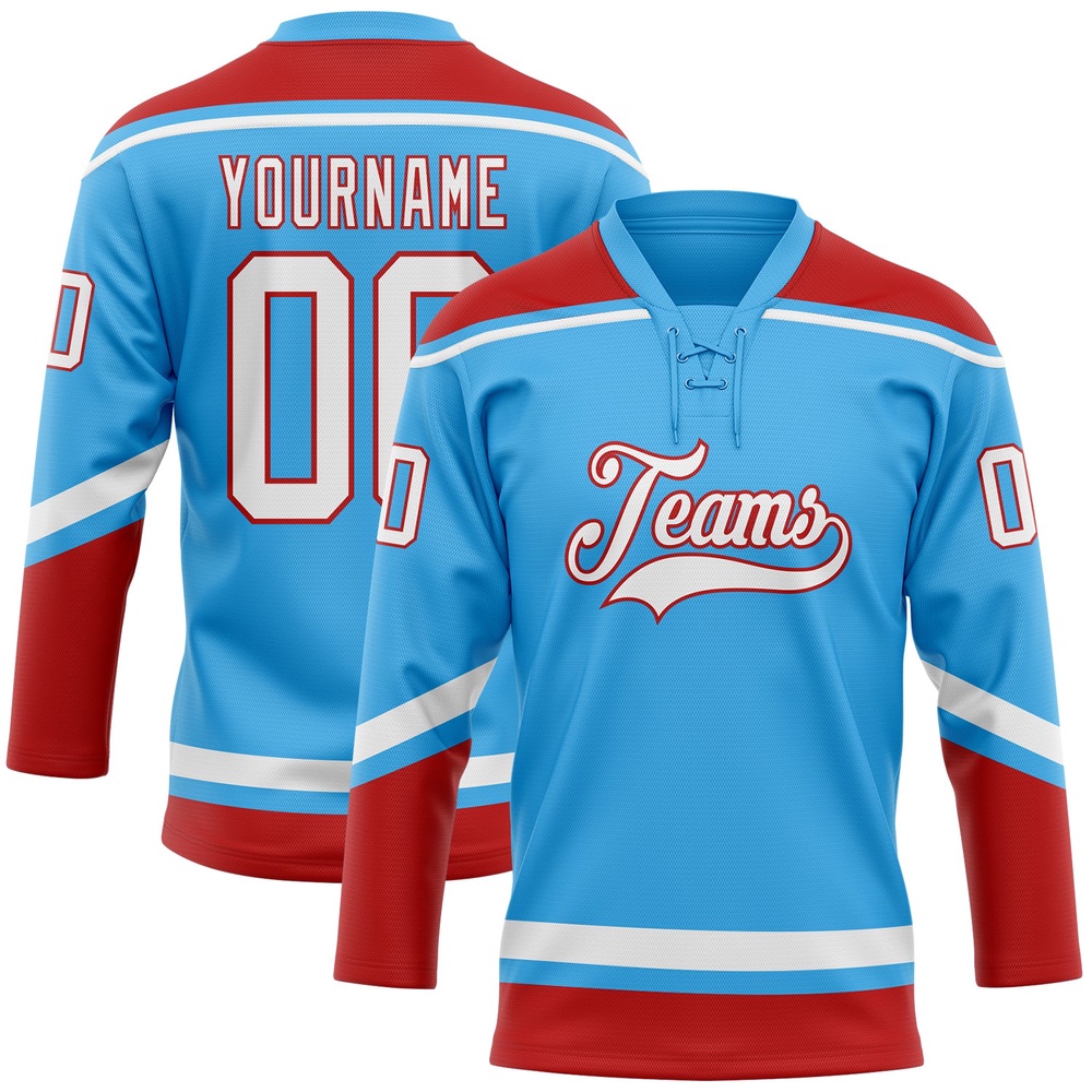 Custom Sky Blue White Red Hockey Lace Neck Jersey, New Hockey Jersey, Personali Sport Team Jersey Shirt