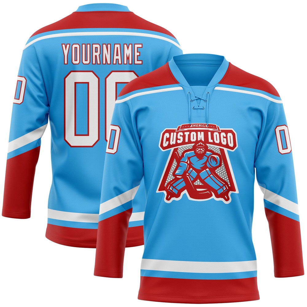 Custom Sky Blue White Red Hockey Lace Neck Jersey, New Hockey Jersey, Personali Sport Team Jersey Shirt