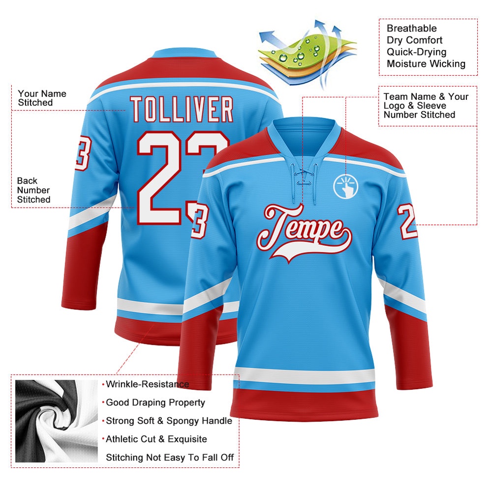 Custom Sky Blue White Red Hockey Lace Neck Jersey, New Hockey Jersey, Personali Sport Team Jersey Shirt