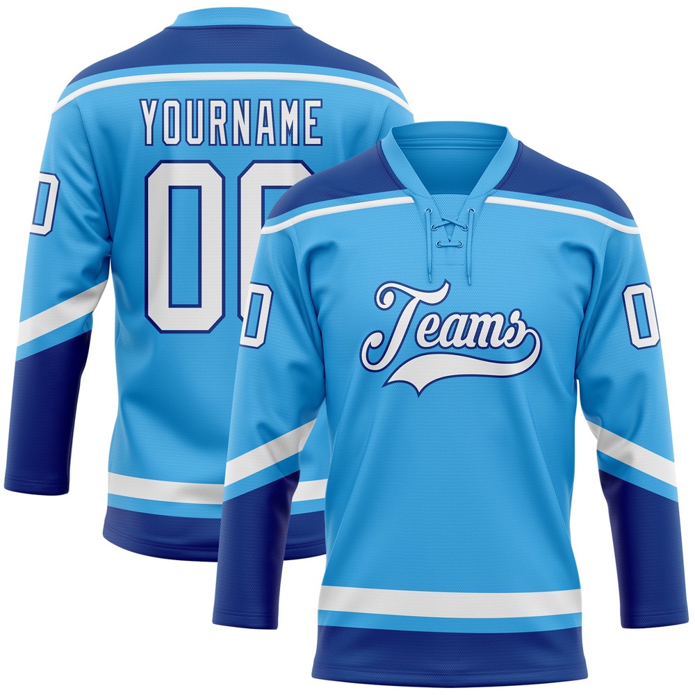 Custom Sky Blue White Royal Hockey Lace Neck Jersey, New Hockey Jersey, Personali Sport Team Jersey Shirt