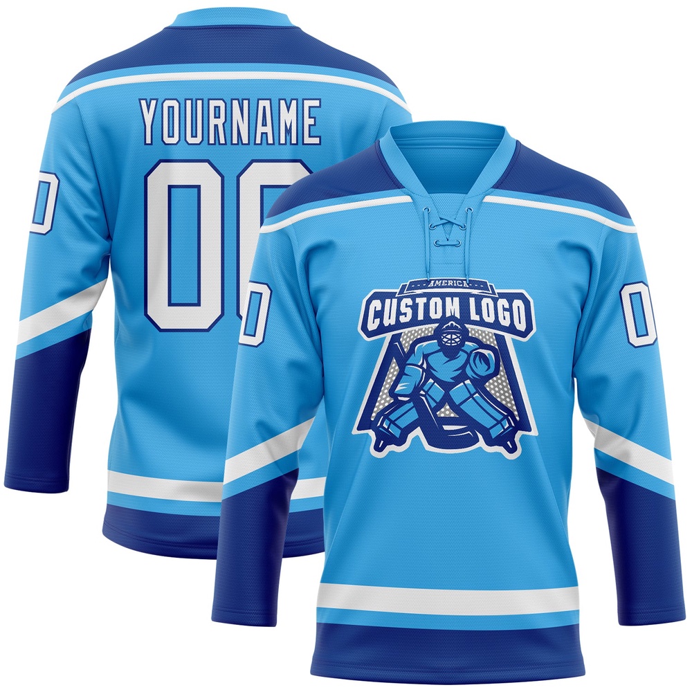 Custom Sky Blue White Royal Hockey Lace Neck Jersey, New Hockey Jersey, Personali Sport Team Jersey Shirt