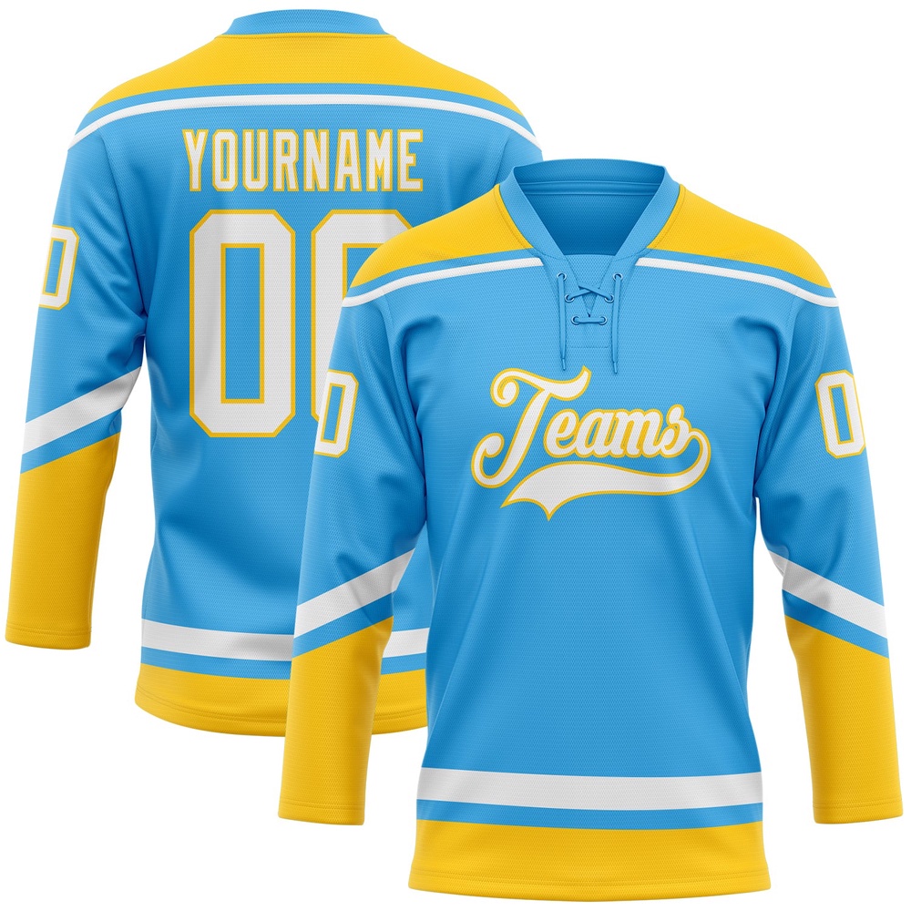 Custom Sky Blue White Yellow Hockey Lace Neck Jersey, New Hockey Jersey, Personali Sport Team Jersey Shirt