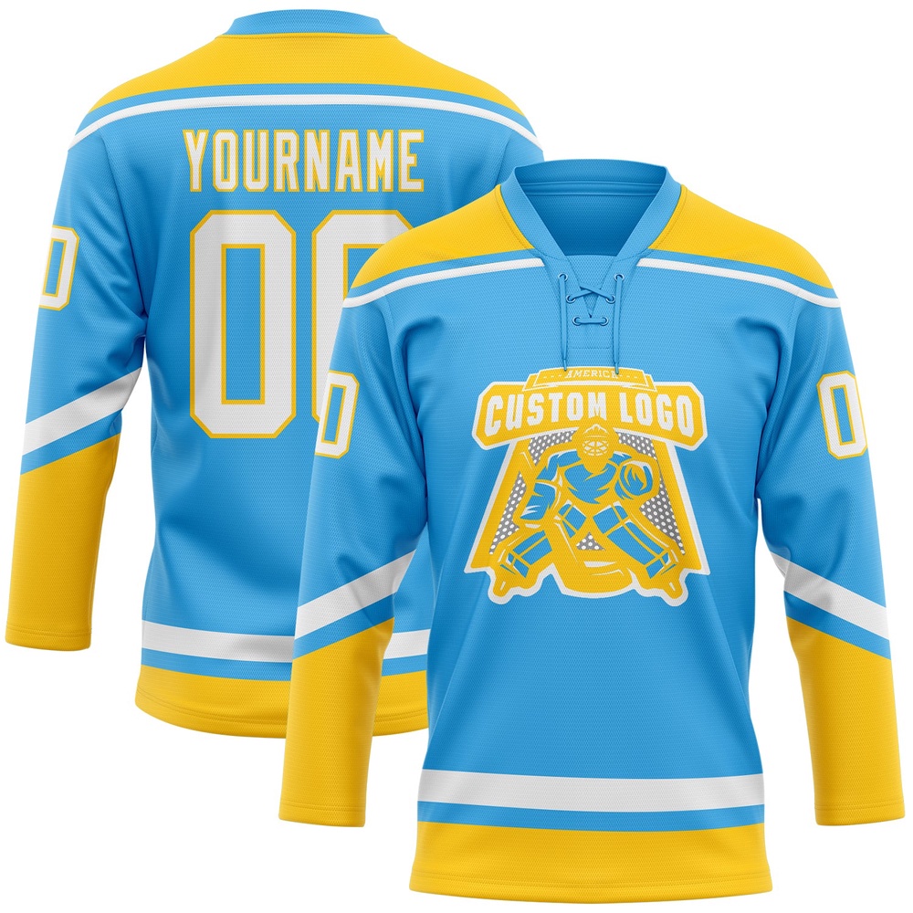 Custom Sky Blue White Yellow Hockey Lace Neck Jersey, New Hockey Jersey, Personali Sport Team Jersey Shirt