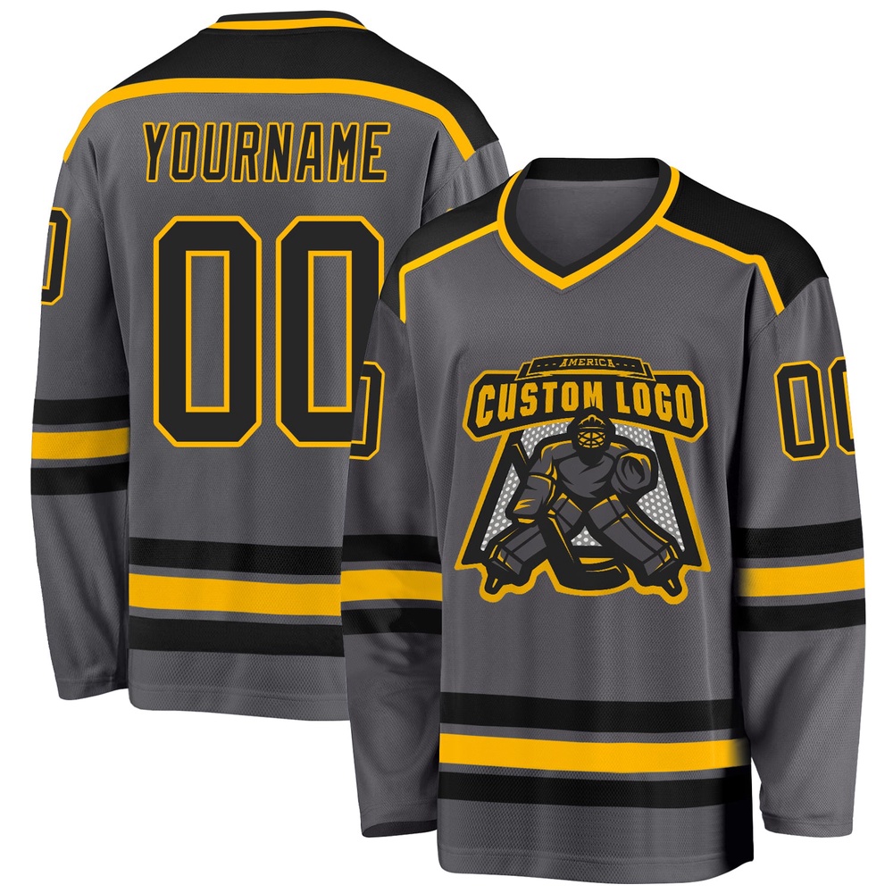 Custom Steel Gray Black Gold Hockey Jersey, New Hockey Jersey, Personali Sport Team Jersey Shirt Custom Steel Gray Black Gold Hockey Jersey, New Hockey Jersey, Personali Sport Team Jersey Shirt