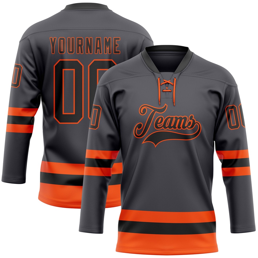 Custom Steel Gray Black Orange Hockey Lace Neck Jersey, New Hockey Jersey, Personali Sport Team Jersey Shirt