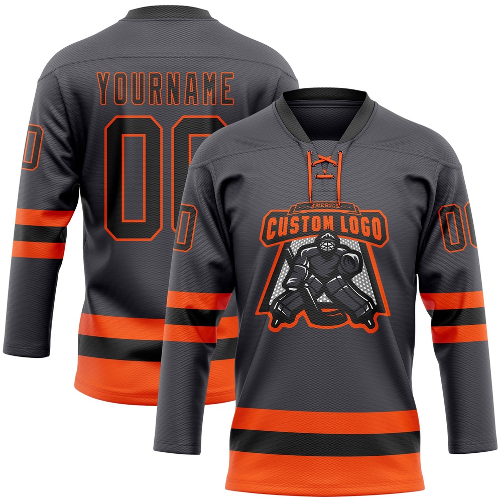 Custom Steel Gray Black Orange Hockey Lace Neck Jersey, New Hockey Jersey, Personali Sport Team Jersey Shirt