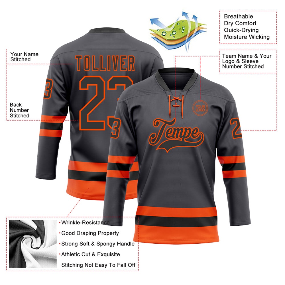 Custom Steel Gray Black Orange Hockey Lace Neck Jersey, New Hockey Jersey, Personali Sport Team Jersey Shirt