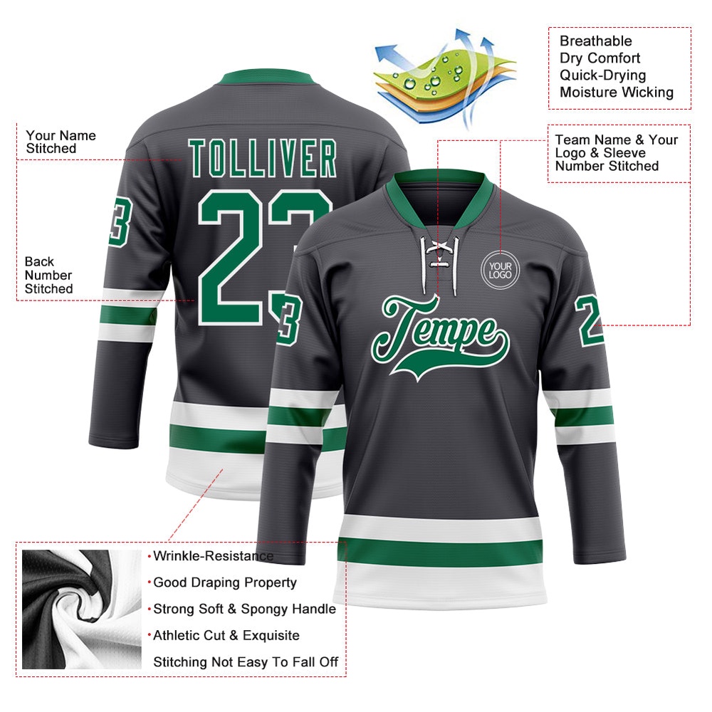 Custom Steel Gray Kelly Green White Hockey Lace Neck Jersey, New Hockey Jersey, Personali Sport Team Jersey Shirt Custom Steel Gray Kelly Green White Hockey Lace Neck Jersey, New Hockey Jersey, Personali Sport Team Jersey Shirt