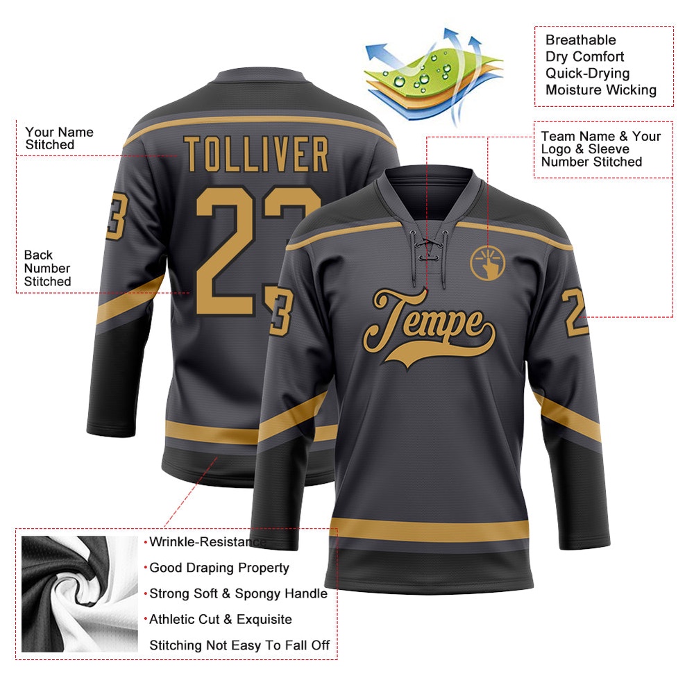 Custom Steel Gray Old Gold Black Hockey Lace Neck Jersey, New Hockey Jersey, Personali Sport Team Jersey Shirt Custom Steel Gray Old Gold Black Hockey Lace Neck Jersey, New Hockey Jersey, Personali Sport Team Jersey Shirt