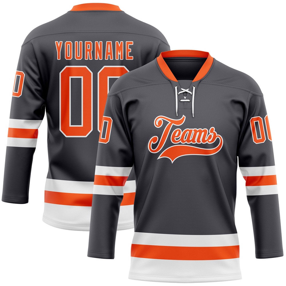 Custom Steel Gray Orange White Hockey Lace Neck Jersey, New Hockey Jersey, Personali Sport Team Jersey Shirt