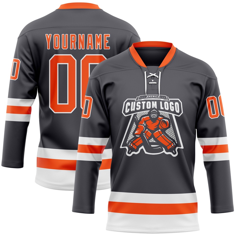 Custom Steel Gray Orange White Hockey Lace Neck Jersey, New Hockey Jersey, Personali Sport Team Jersey Shirt