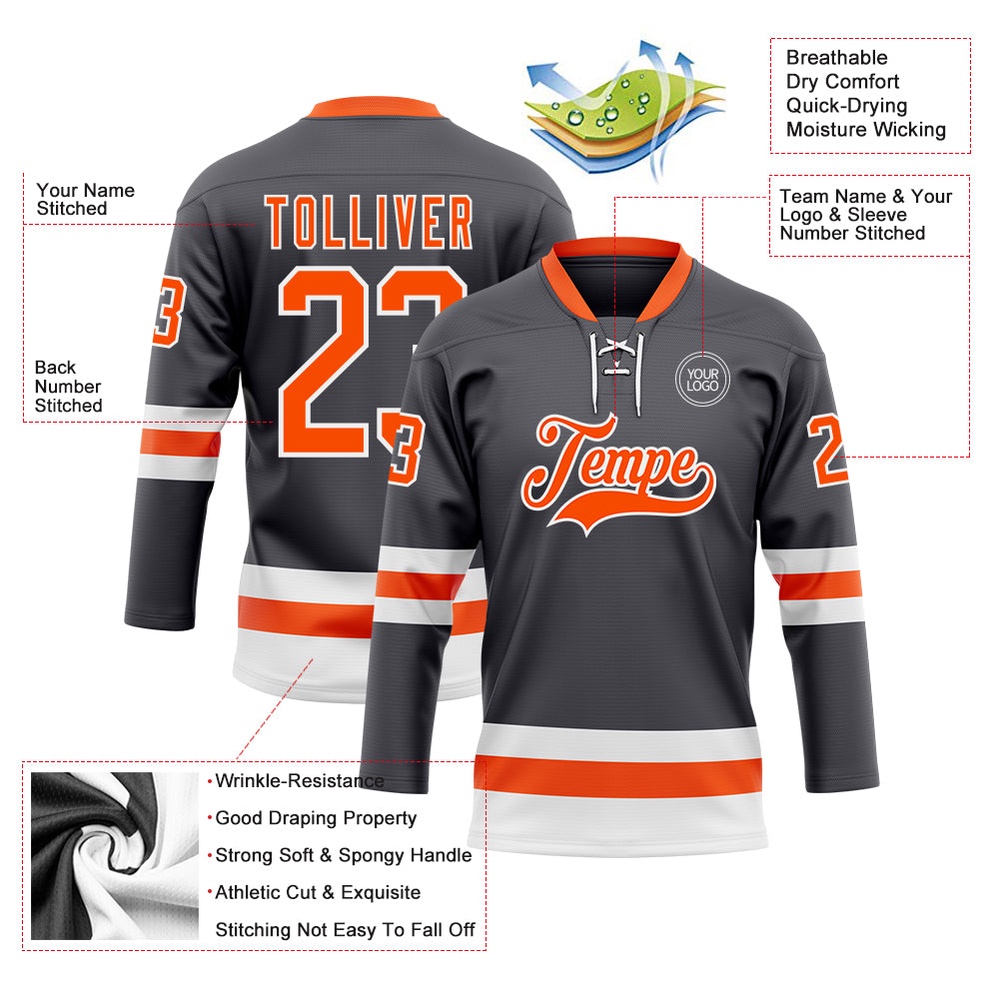 Custom Steel Gray Orange White Hockey Lace Neck Jersey, New Hockey Jersey, Personali Sport Team Jersey Shirt