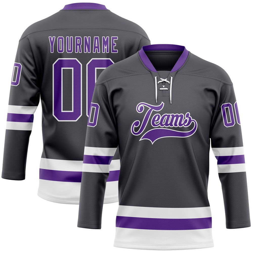 Custom Steel Gray Purple White Hockey Lace Neck Jersey, New Hockey Jersey, Personali Sport Team Jersey Shirt