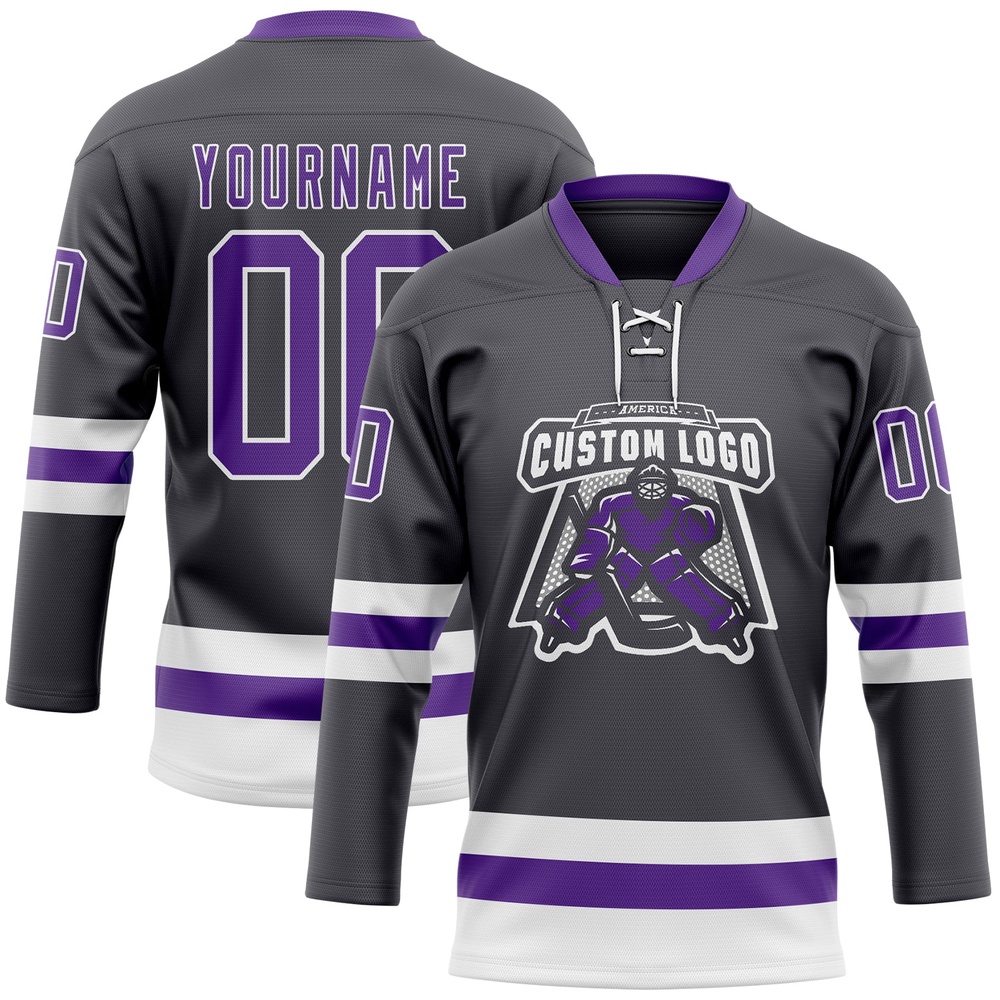 Custom Steel Gray Purple White Hockey Lace Neck Jersey, New Hockey Jersey, Personali Sport Team Jersey Shirt