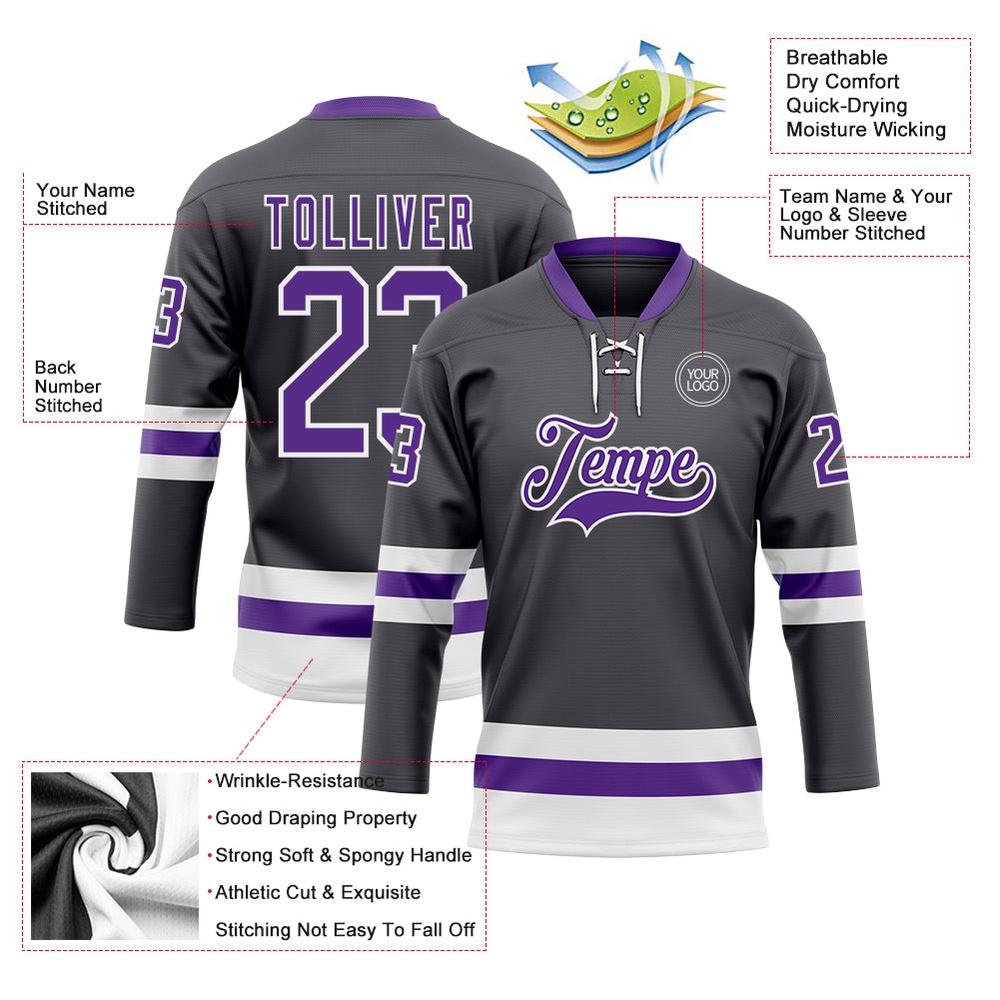 Custom Steel Gray Purple White Hockey Lace Neck Jersey, New Hockey Jersey, Personali Sport Team Jersey Shirt