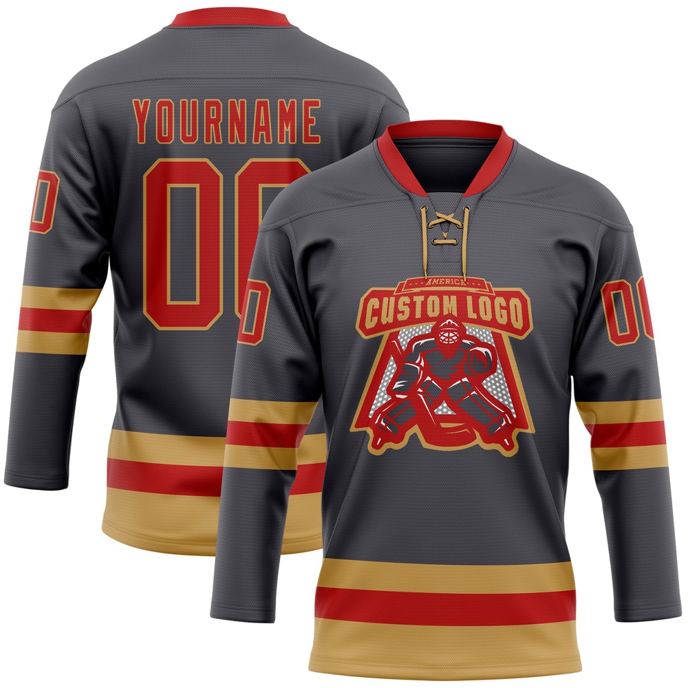 Custom Steel Gray Red Old Gold Hockey Lace Neck Jersey, New Hockey Jersey, Personali Sport Team Jersey Shirt