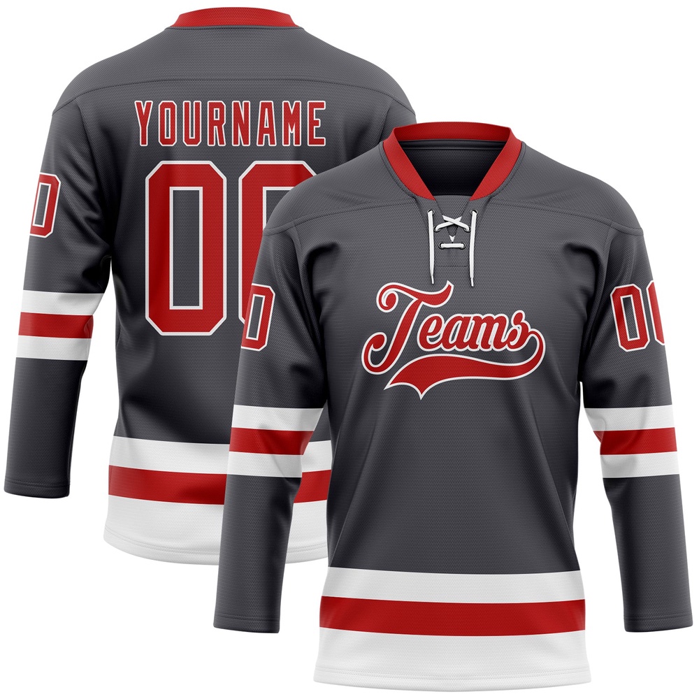Custom Steel Gray Red White Hockey Lace Neck Jersey, New Hockey Jersey, Personali Sport Team Jersey Shirt