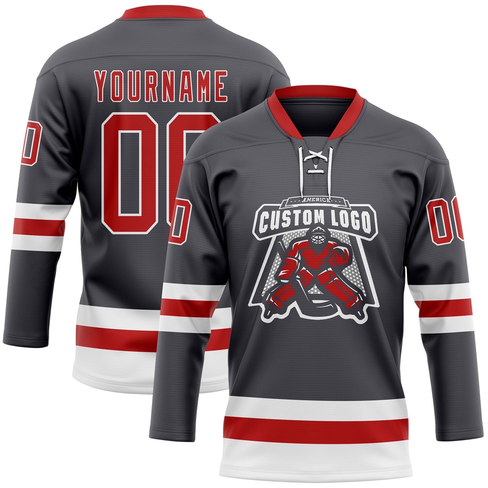 Custom Steel Gray Red White Hockey Lace Neck Jersey, New Hockey Jersey, Personali Sport Team Jersey Shirt
