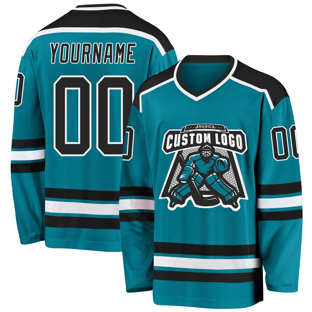 Custom Teal Black White Hockey Jersey, New Hockey Jersey, Personali Sport Team Jersey Shirt