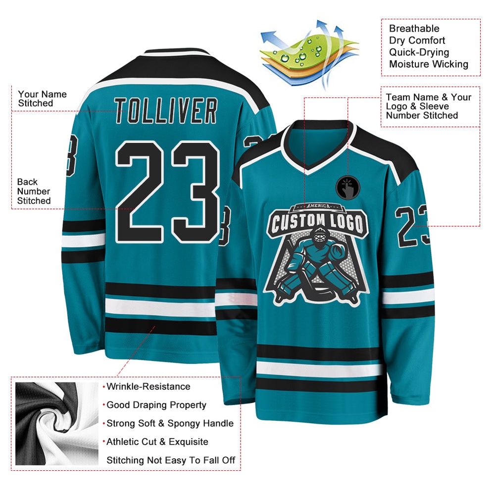 Custom Teal Black White Hockey Jersey, New Hockey Jersey, Personali Sport Team Jersey Shirt