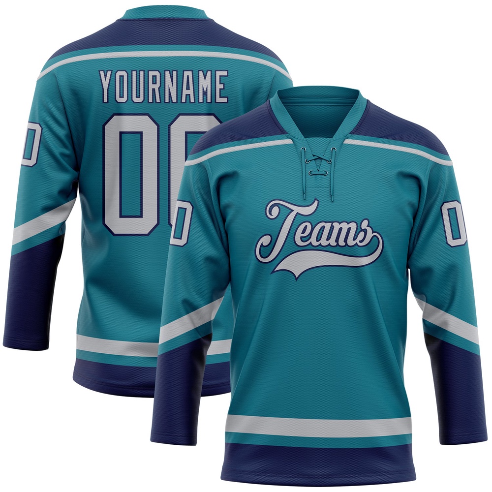 Custom Teal Gray Navy Hockey Lace Neck Jersey, New Hockey Jersey, Personali Sport Team Jersey Shirt Custom Teal Gray Navy Hockey Lace Neck Jersey, New Hockey Jersey, Personali Sport Team Jersey Shirt