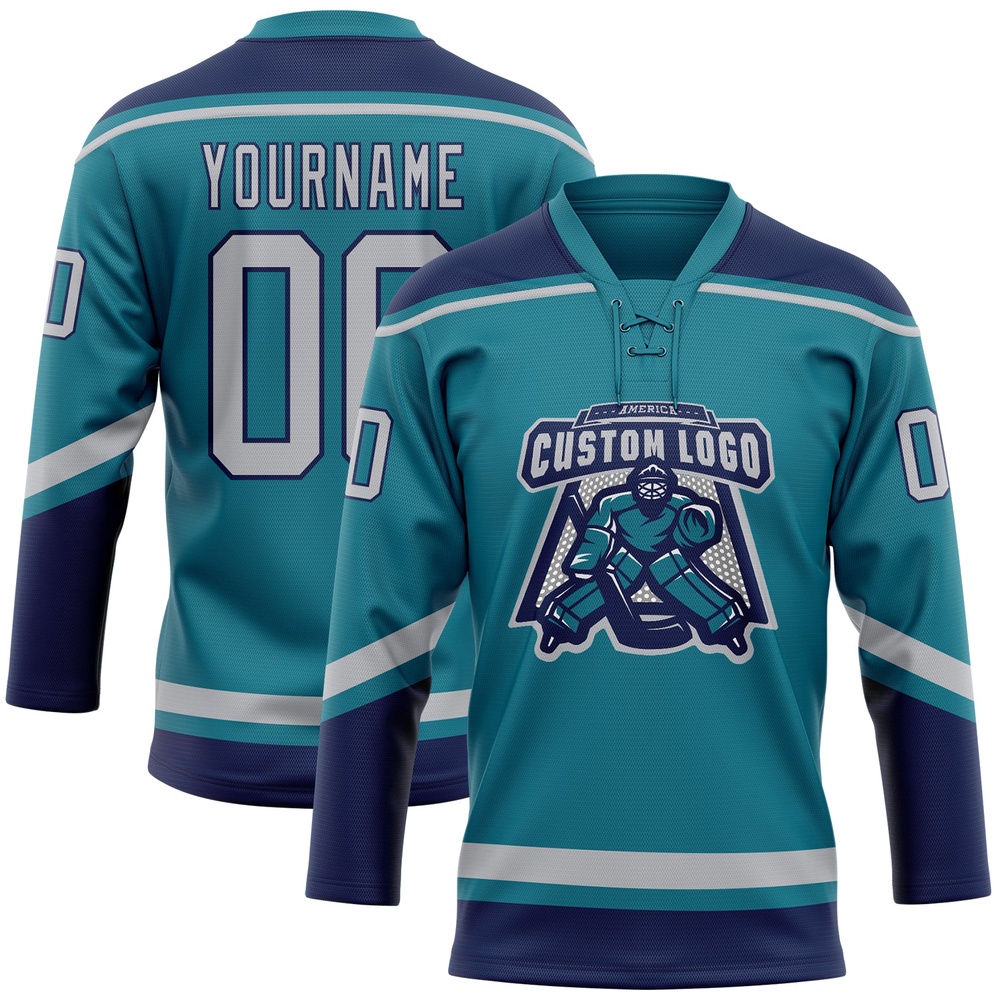 Custom Teal Gray Navy Hockey Lace Neck Jersey, New Hockey Jersey, Personali Sport Team Jersey Shirt Custom Teal Gray Navy Hockey Lace Neck Jersey, New Hockey Jersey, Personali Sport Team Jersey Shirt