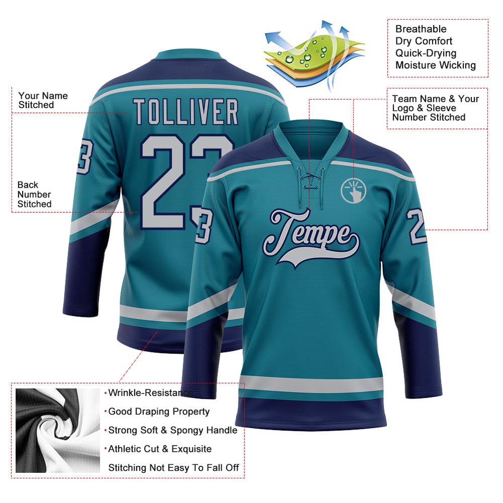 Custom Teal Gray Navy Hockey Lace Neck Jersey, New Hockey Jersey, Personali Sport Team Jersey Shirt Custom Teal Gray Navy Hockey Lace Neck Jersey, New Hockey Jersey, Personali Sport Team Jersey Shirt