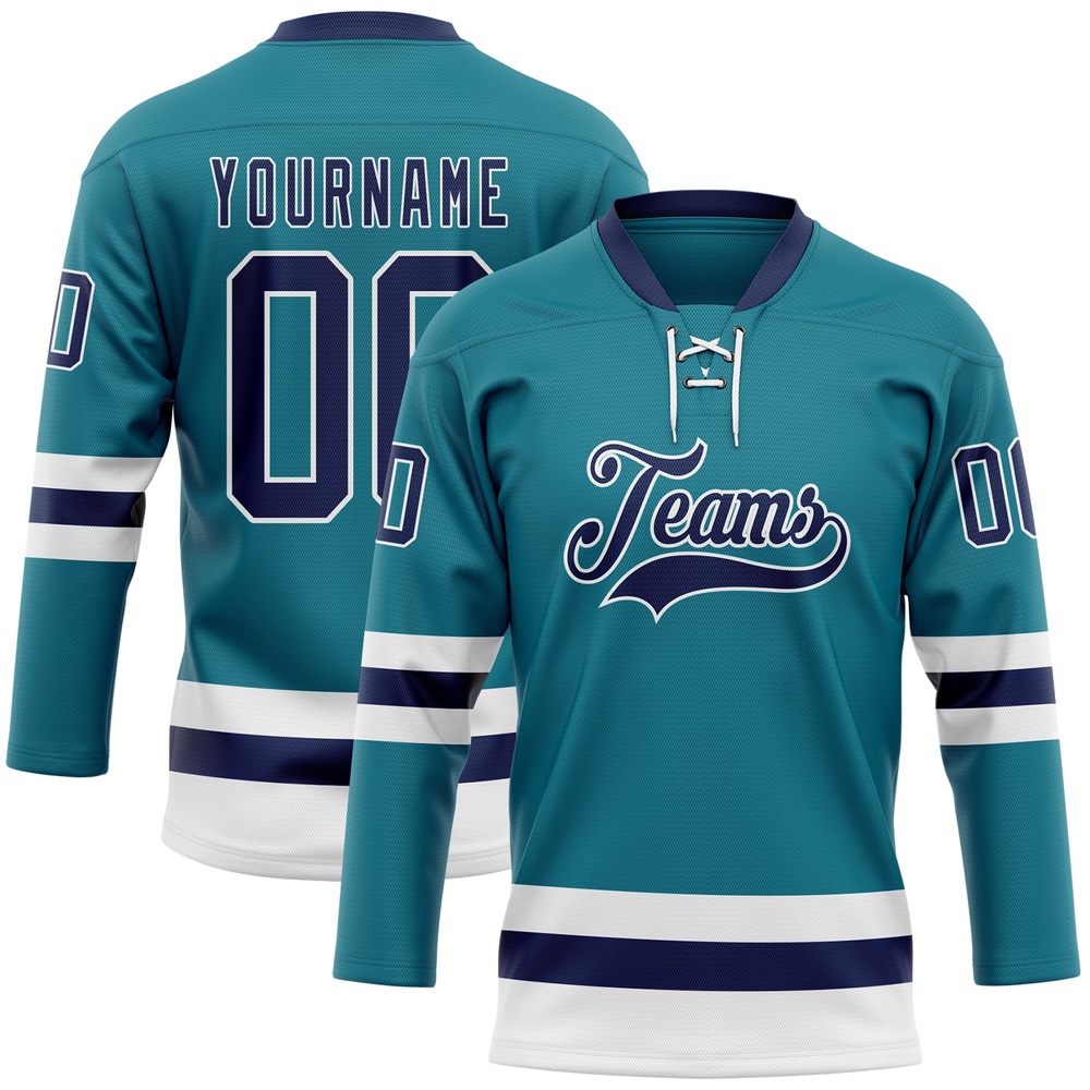 Custom Teal Navy White Hockey Lace Neck Jersey, New Hockey Jersey, Personali Sport Team Jersey Shirt