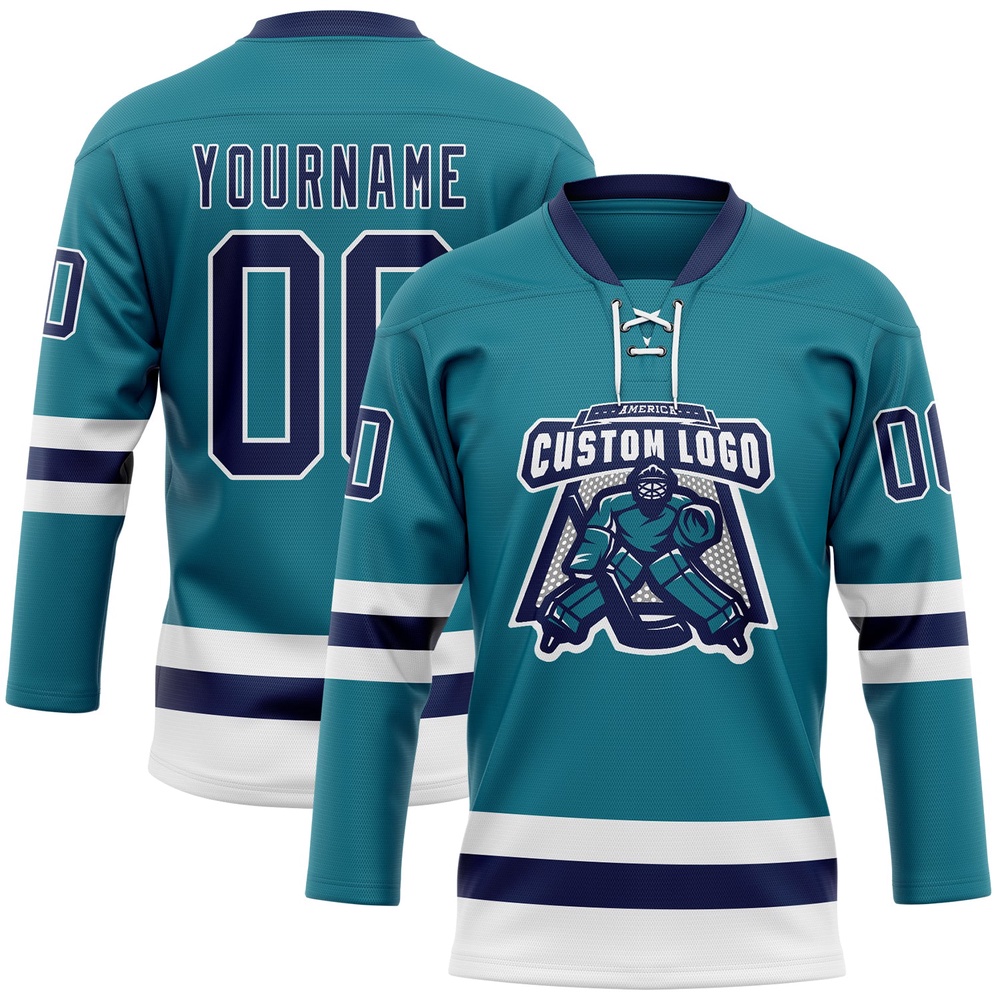 Custom Teal Navy White Hockey Lace Neck Jersey, New Hockey Jersey, Personali Sport Team Jersey Shirt