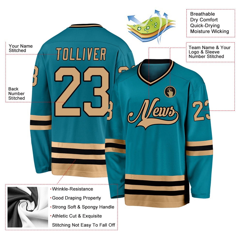 Custom Teal Old Gold Black Hockey Jersey, New Hockey Jersey, Personali Sport Team Jersey Shirt