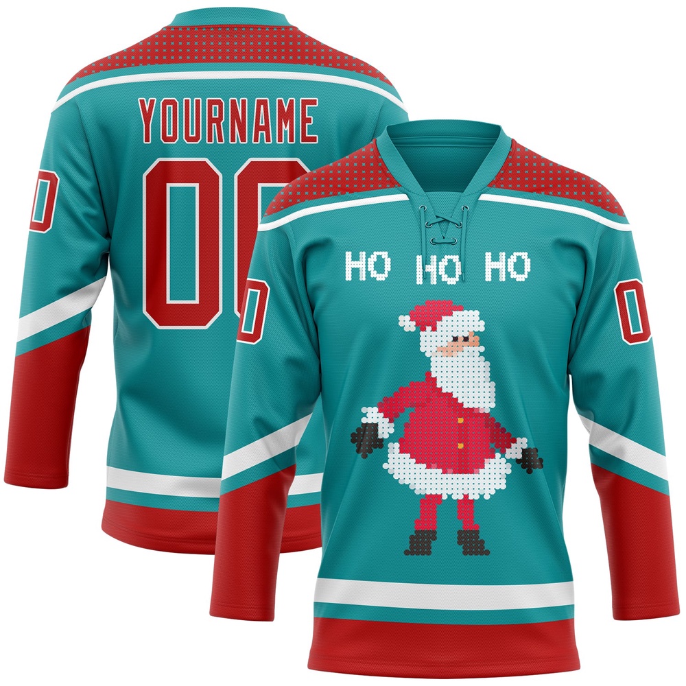 Custom Teal Red White Christmas Santa Claus 3D Hockey Lace Neck Jersey, New Hockey Jersey, Personali Sport Team Jersey Shirt Custom Teal Red White Christmas Santa Claus 3D Hockey Lace Neck Jersey, New Hockey Jersey, Personali Sport Team Jersey Shirt