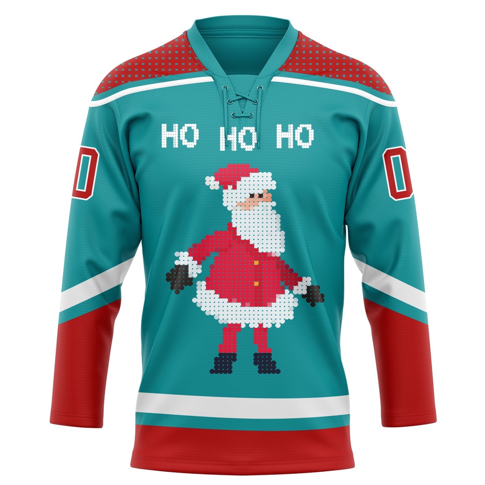Custom Teal Red White Christmas Santa Claus 3D Hockey Lace Neck Jersey, New Hockey Jersey, Personali Sport Team Jersey Shirt Custom Teal Red White Christmas Santa Claus 3D Hockey Lace Neck Jersey, New Hockey Jersey, Personali Sport Team Jersey Shirt
