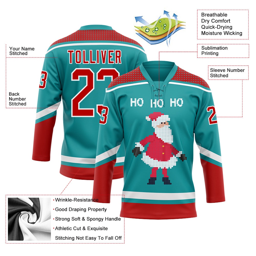 Custom Teal Red White Christmas Santa Claus 3D Hockey Lace Neck Jersey, New Hockey Jersey, Personali Sport Team Jersey Shirt Custom Teal Red White Christmas Santa Claus 3D Hockey Lace Neck Jersey, New Hockey Jersey, Personali Sport Team Jersey Shirt
