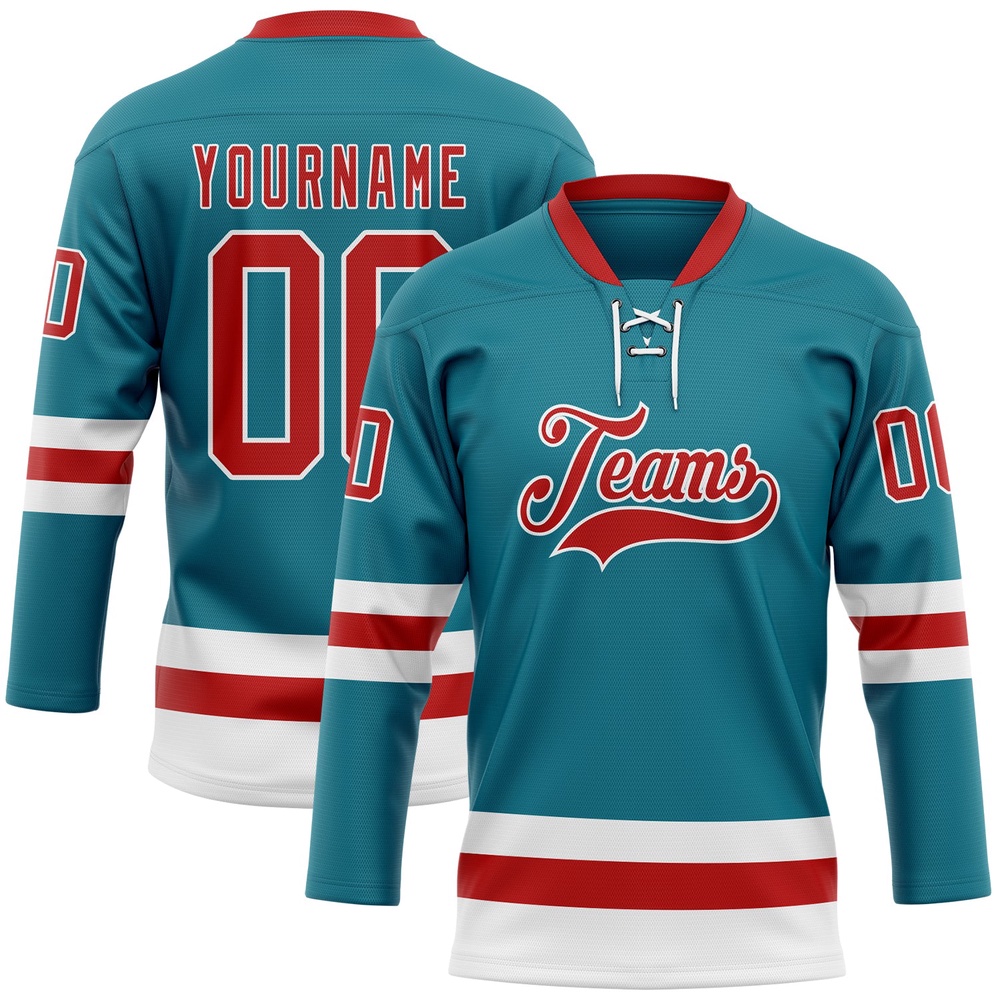 Custom Teal Red White Hockey Lace Neck Jersey, New Hockey Jersey, Personali Sport Team Jersey Shirt
