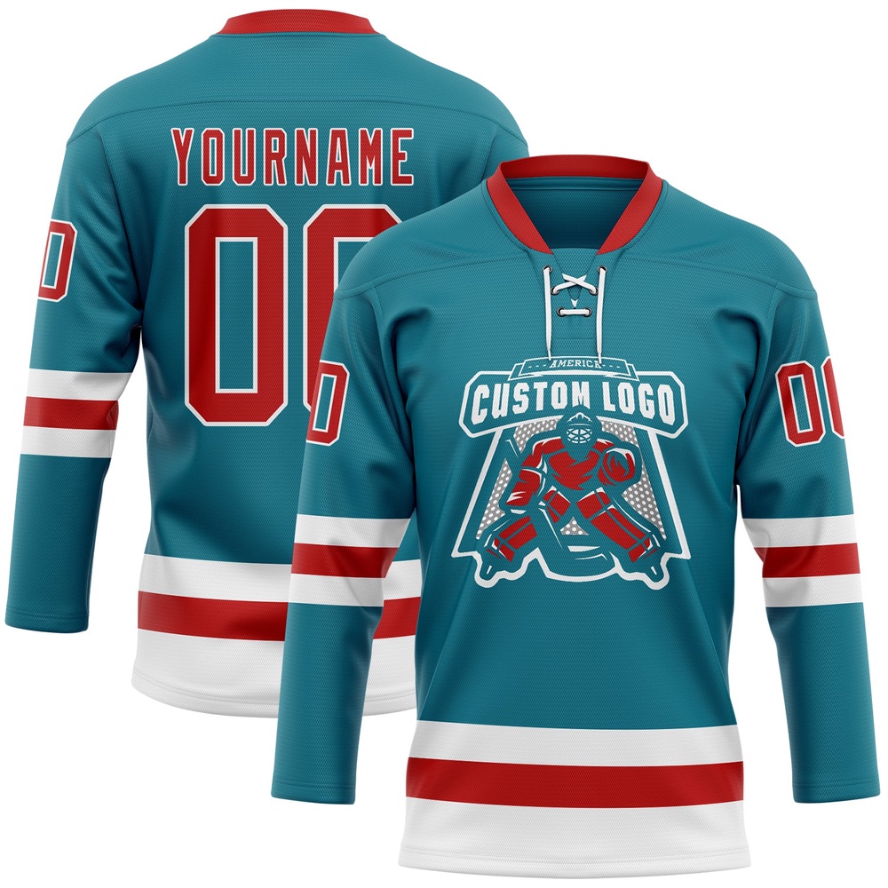 Custom Teal Red White Hockey Lace Neck Jersey, New Hockey Jersey, Personali Sport Team Jersey Shirt