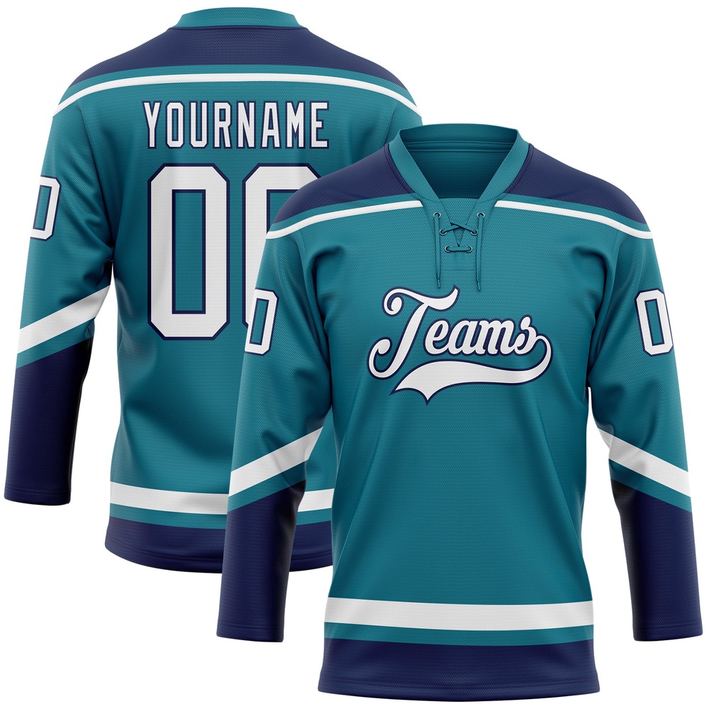 Custom Teal White Navy Hockey Lace Neck Jersey, New Hockey Jersey, Personali Sport Team Jersey Shirt